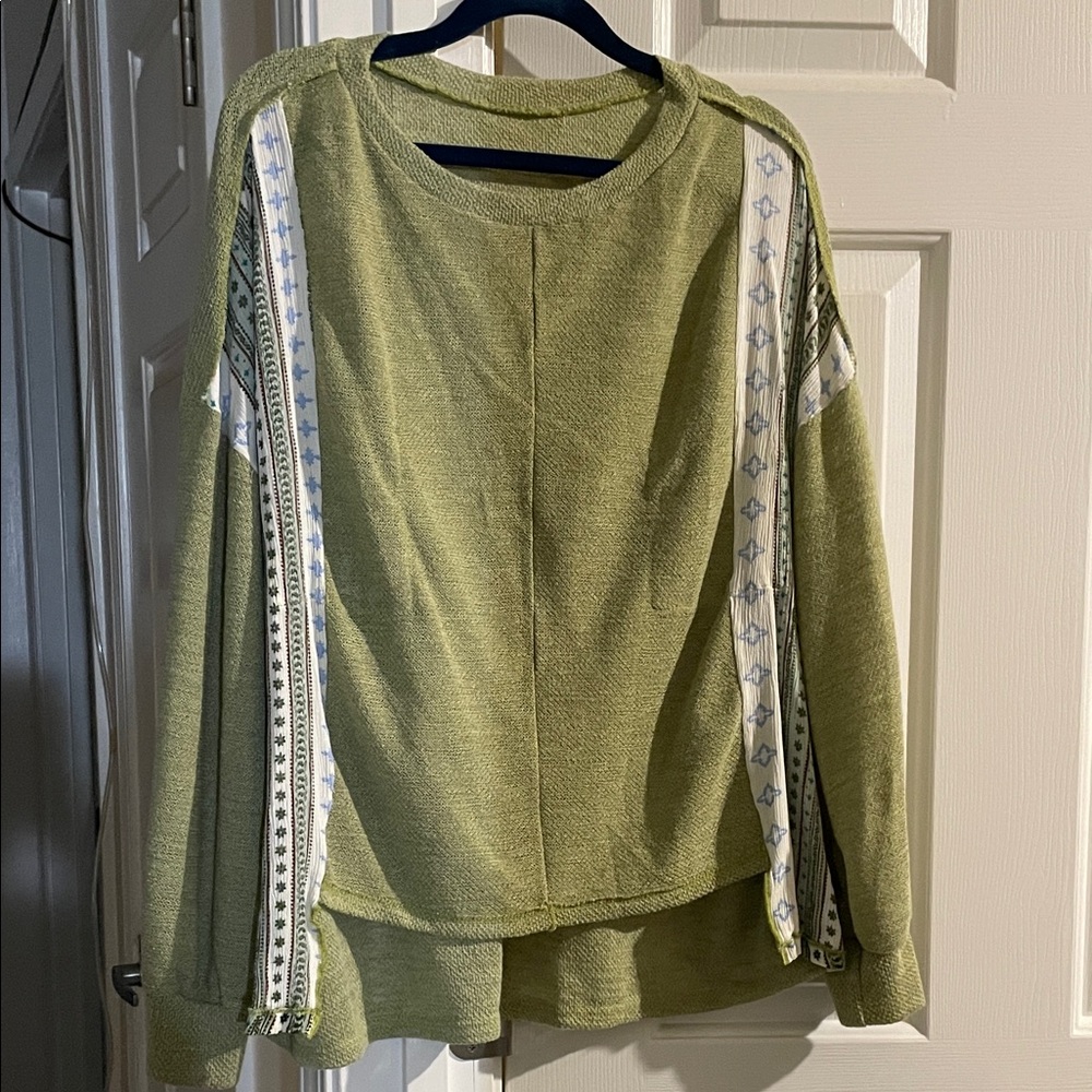 Ces Femme Olive Sweater with Patterned Sleeves